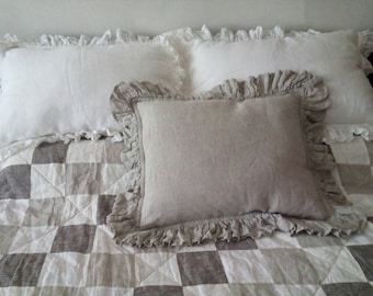Fundas de almohada de lino con pequeños volantes y botones Funda de almohada de lino de lujo estilo shabby chic Funda estándar Fundas de almohada tamaño king Ropa de cama de lino