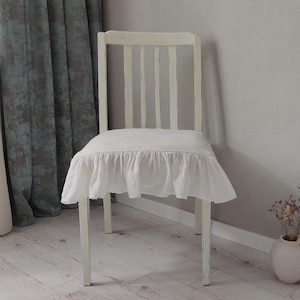 Dining Chair Cover French Large Linen Chair Seat Covers with 3 sided Ruffle in Natural Flax Color Chair Pad With Ties