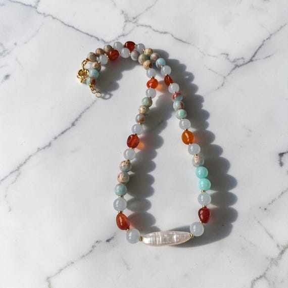 Lagoon Blue Jasper, Chalcedony, Agate Pearl Necklace, Coral Sea Collection