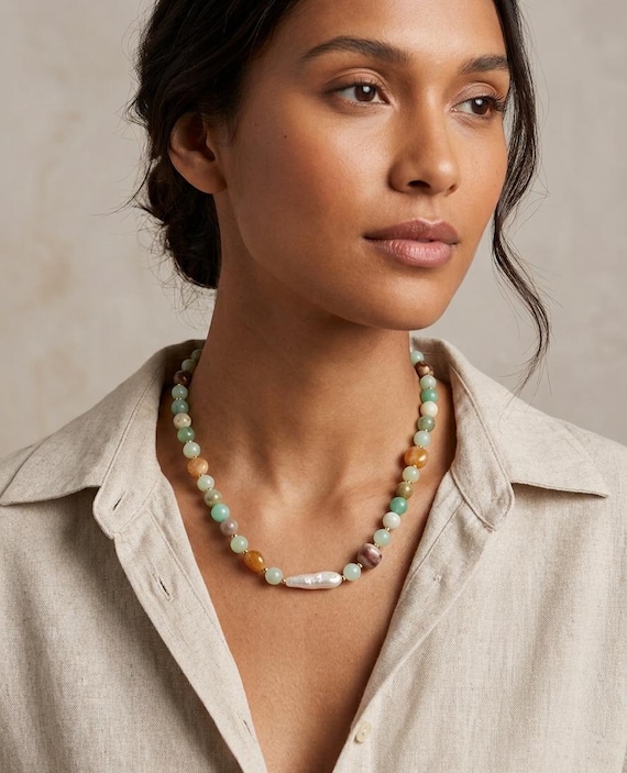 Amazonite beads & nuggets with a beautiful enlongated baroque pearl coral sea collection
