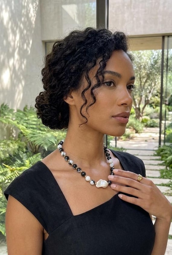 Black White Zebra Bead Necklace with Baroque Pearl, Gold Spacers