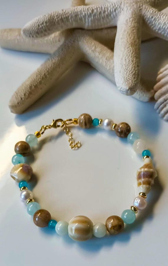 Boho Coastal Bracelet, Coral Jade, Pearls, Chalcedony, Shell Beads, Gold Plated Clasp