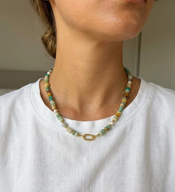 Amazonite Reef Amazonite Rondelle beads with freshwater pearls and carbiner charm carrier clasp