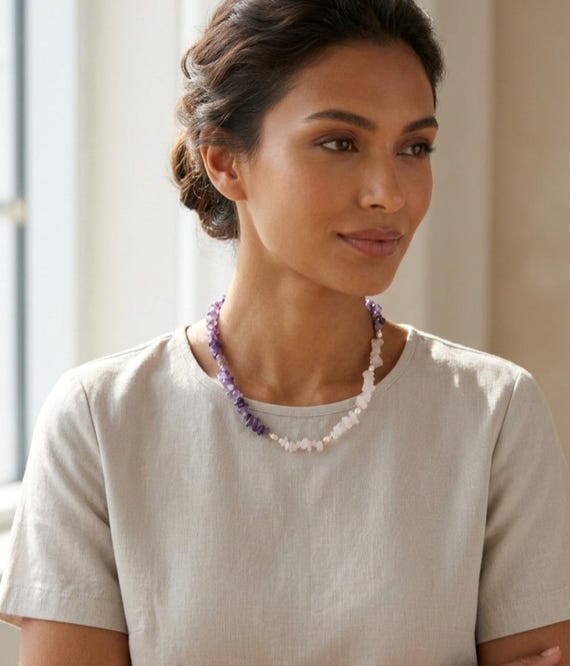 Rose Quartz Amethyst Chip Necklace with Pearls, Gold Plated Clasp