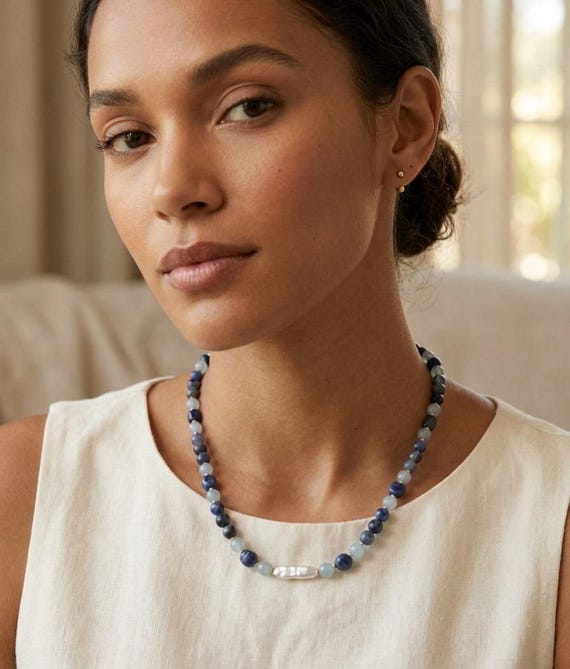 Deep Ocean Blue Sodalite, Chalcedony, Baroque Pearl Necklace, Coral Sea Collection