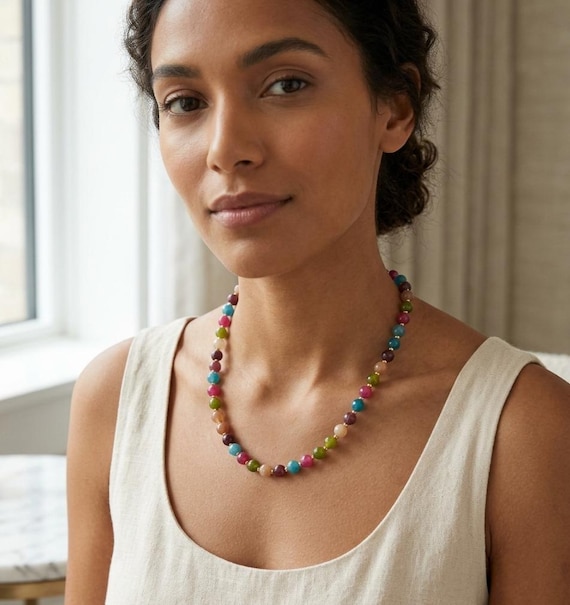 Multi-color Tourmaline Bead Necklace with Gold Clasp (46cm + 5cm extender)