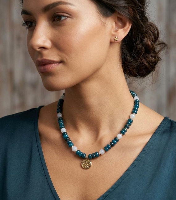 Blue Apatite Aquamarine Beaded Necklace with Starfish Pendant