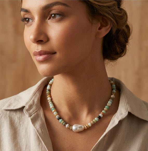 Amazonite Rhondelle beads  with freeform faux pearl