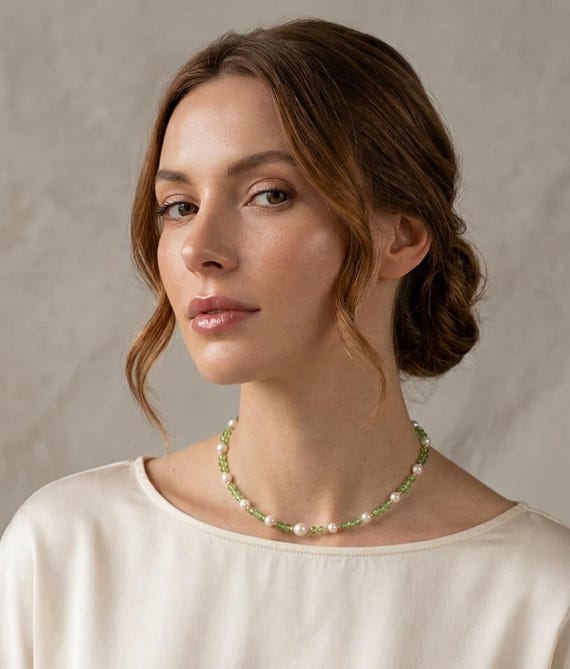 Mermaid Green Choker Necklace: Peridot Crystal, Freshwater Pearls, Gold Plated Clasp