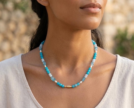 Blue Jade Aquamarine Pearl Necklace with Fish Pendant – Summer Vibe Jewelry