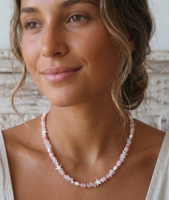 Pink Jade Rose Quartz Pearl Starfish Necklace – Silver Clasp Toggle