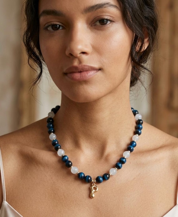 Sapphire blue tiger-eye & chalcedony with personalised initail