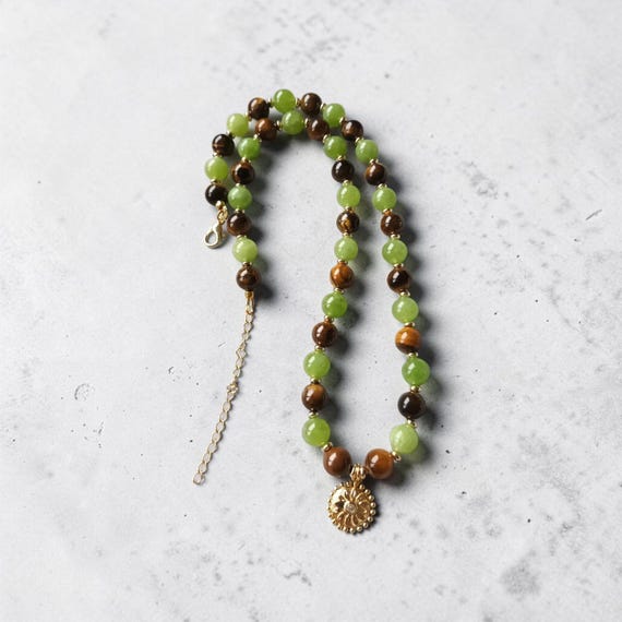 Tiger Eye Jade & Peridot Necklace with Gold Plated Evil Eye Pendant, matching bracelet avaliable