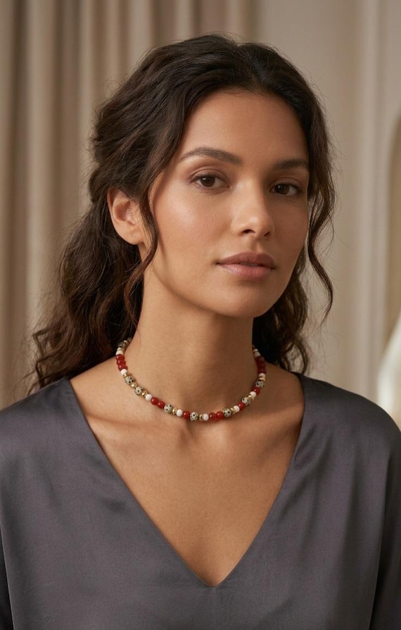 Natural Garnet & Dalmatian jasper beaded necklace                                 ' Zoe '