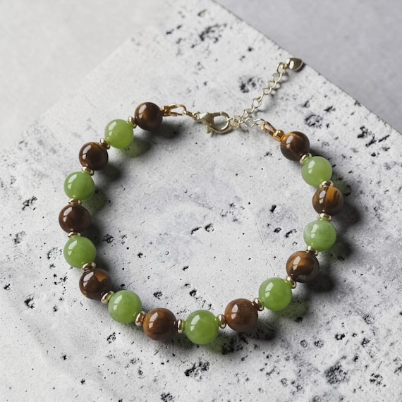 Tiger-eye jade and peridot beaded bracelet, matching necklace avaliable