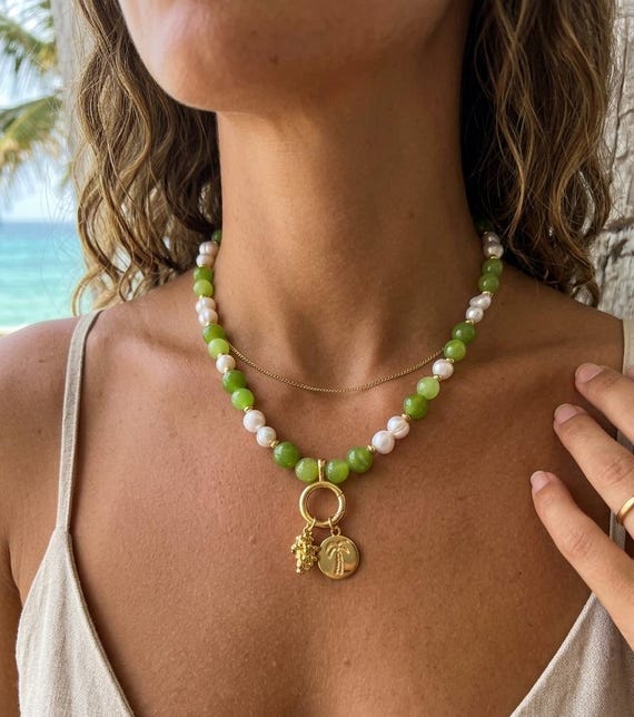 Peridot Jade & Pearl Necklace: Palm Tree Charm, Gold Plated Hardware