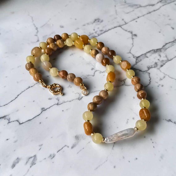 Coral jade & yellow jade nuggets with a elongated baroque pearl