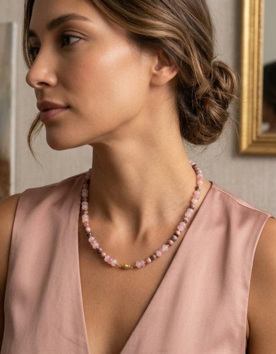 Pink Rose Quartz, Jade, Jasper Beaded Necklace with Magnetic Clasp