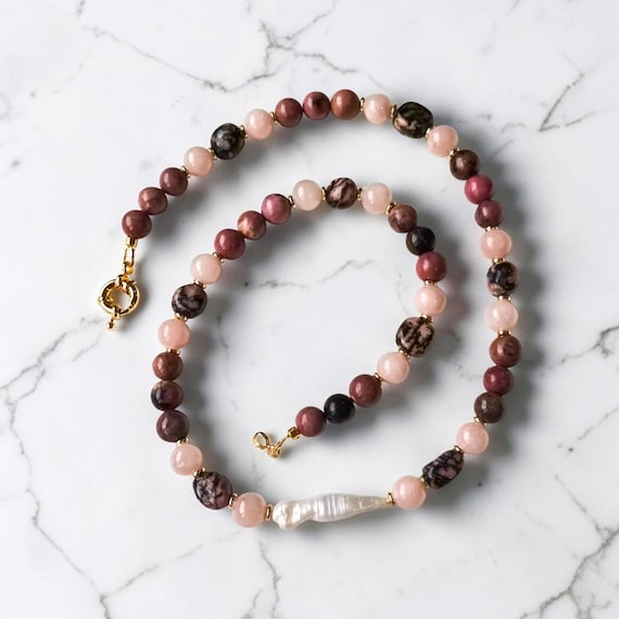 Pink  black Rhodnite mix & mihuang jade, baroque pearl coral sea collection