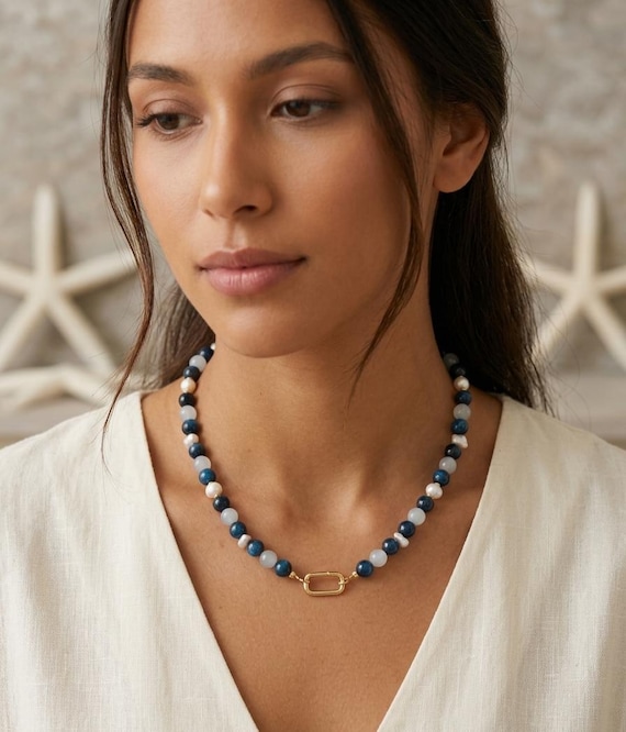 Azure Wave 'Sapphire Blue Tiger Eye, Chalcedony, Baroque Pearls (48cm)