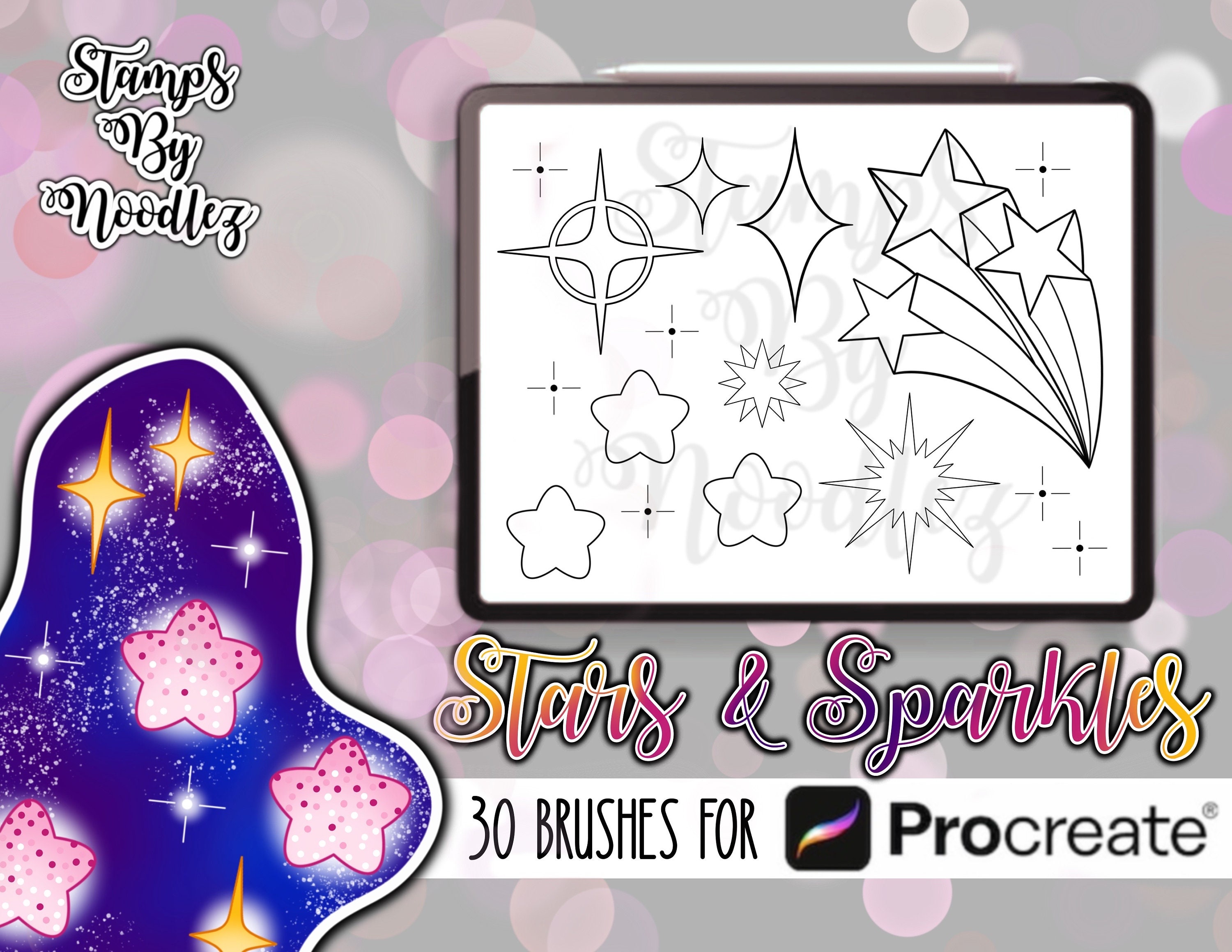 Pinceles Sello Procreate Estrellas y Brillos para Tatuadores – 30 Sellos Premium