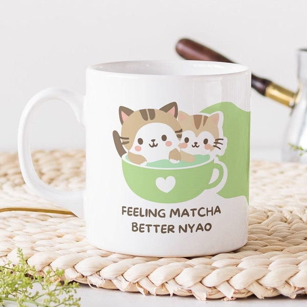 Kawaii Cat Mug Green / Funny Matcha Pun Gift Silly Animal Joke Miaow Nya Cute Cats Bathing in Teacup Heart Chibi Style Neko