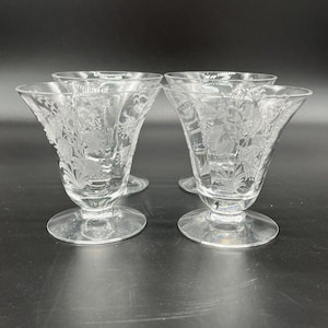 TIFFIN-FRANCISCAN Fuchsia (Etched) Oyster Fruit Cocktail Glasses Qty 4 Bridal Shower Glassware Wedding Glassware