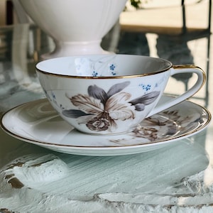 Vintage Noritake China Japan Coffee Cup and Saucer Floral Orchid Gold Trim N354