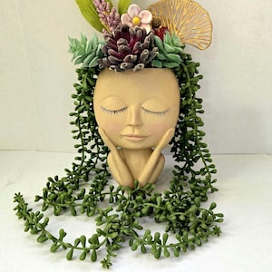 Resin Head Planter with Faux Succulents: Boho Home Decor