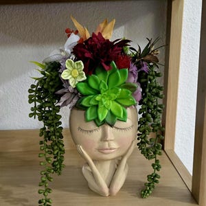 Resin Head Planter with Faux Succulents: Boho Home Decor