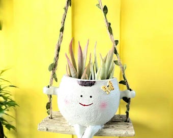 Swinging Smiling Face Planter: Faux Succulents, Whimsical Home Decor