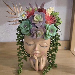 Lady Face Planter: Resin Head Planter with Faux Succulents