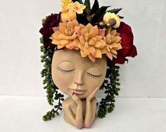 Lady Head Planter with Artificial Flowers and Succulents