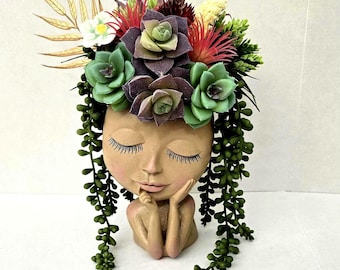 Lady Face Planter: Resin Head Planter with Faux Succulents