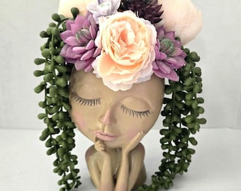 Resin Face Planter: Faux Floral Head Vase, Lady Succulent Pot
