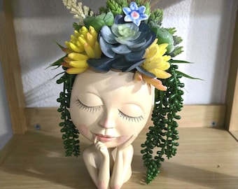 Resin Lady Head Planter with Faux Succulents: Boho Home Decor