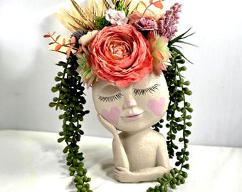 Resin Girl Face Planter with Faux Succulents: Boho Home Decor