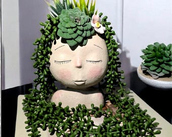 Resin Head Planter with Faux Succulents: Modern Indoor Vase