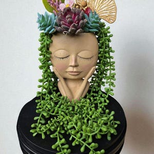 Resin Head Planter with Faux Succulents: Boho Home Decor