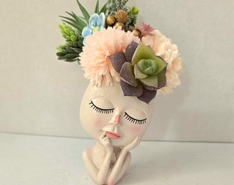 Lady Face Head Planter with Faux Flowers - Unique Shelf Decor