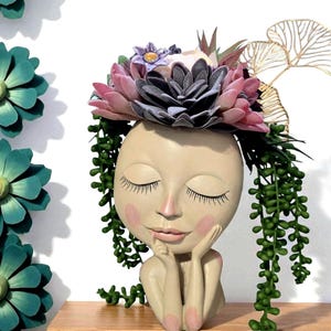 head planter, lady face planter, shelf decor, succulent planter ,  indoor planter, drain hole pot, girl face planter, ceramic planter, plant