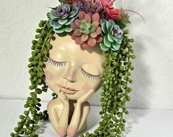 Resin Lady Head Planter: Faux Succulents & Flowers - Boho Home Decor