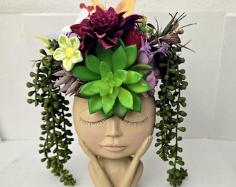 Resin Head Planter with Faux Succulents: Boho Home Decor