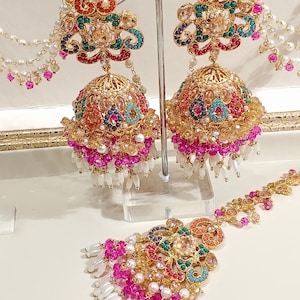Laraib Jhumka Pair with 3 Layers Sahare & Tikka Set Indian/Pakistani Bridalwear Partywear (32)