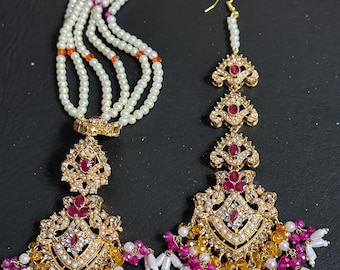 Set Gioielli Sposa Indiano Bollywood Placcato Oro, Collana Lunga E Orecchini Con Zirconi E Perle