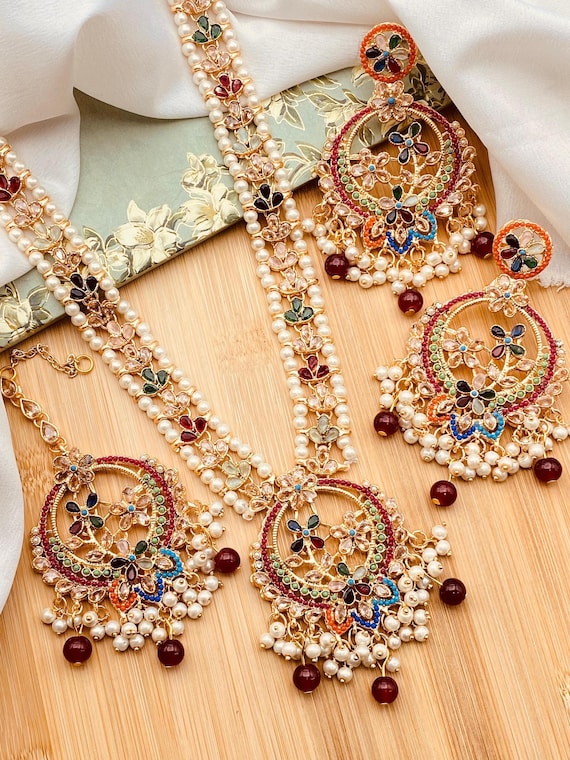 CELINA  Indian / Pakistani Nauratan Polki  Mala Necklace Set with Earrings & Tikka Partywear