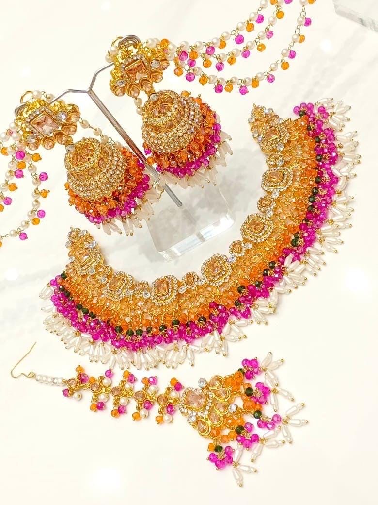 Gold Plated Bridal Jewelry Set: Indian Pakistani Wedding Necklace Jhumka washma