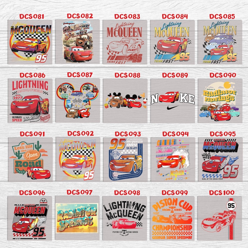 Peut inclure: Une collection d'impressions rectangulaires mettant en vedette le personnage anim&eacute; Flash McQueen de la franchise de films Cars. Chaque impression pr&eacute;sente McQueen dans divers mod&egrave;les, avec le num&eacute;ro 95 bien en &eacute;vidence. Les impressions sont de couleurs vari&eacute;es.