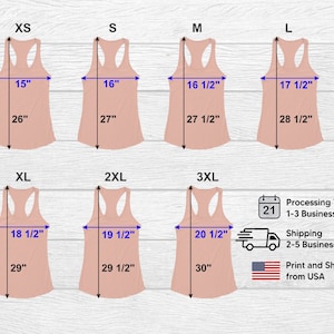 Op de afbeelding: Maattabel voor een dames tanktop in de maten XS tot 3XL. De tabel toont de breedte- en lengtemaat in inches voor elke maat.