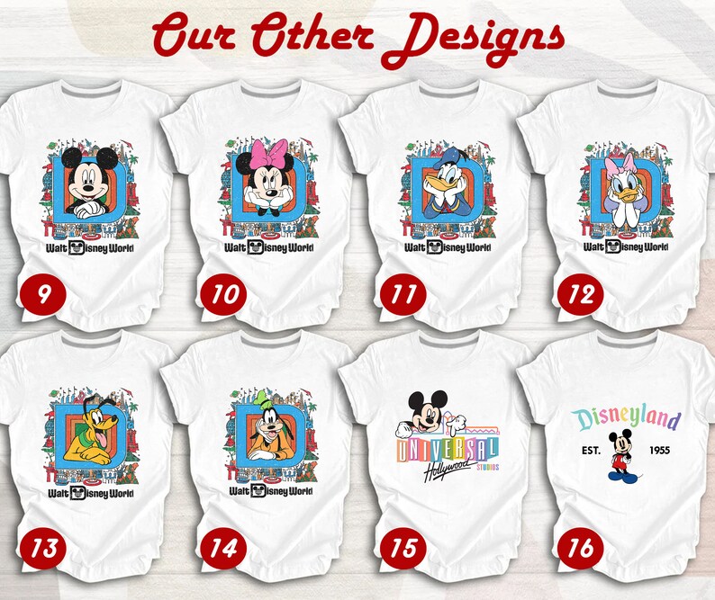 Puede incluir: Un conjunto de 10 camisetas blancas con varios dise&ntilde;os de personajes de Disney y Universal Studios. Los dise&ntilde;os incluyen Mickey Mouse, Donald Duck, Goofy y m&aacute;s. Las camisetas son todas blancas con texto negro que dice "Walt Disney World" o "Disneyland".